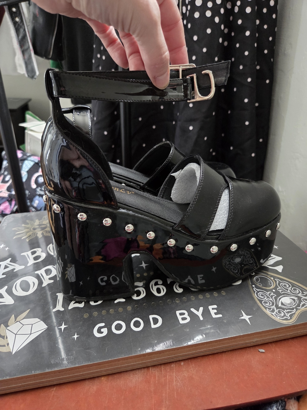 Black Platform Mary Jane Heels with Studded Trim